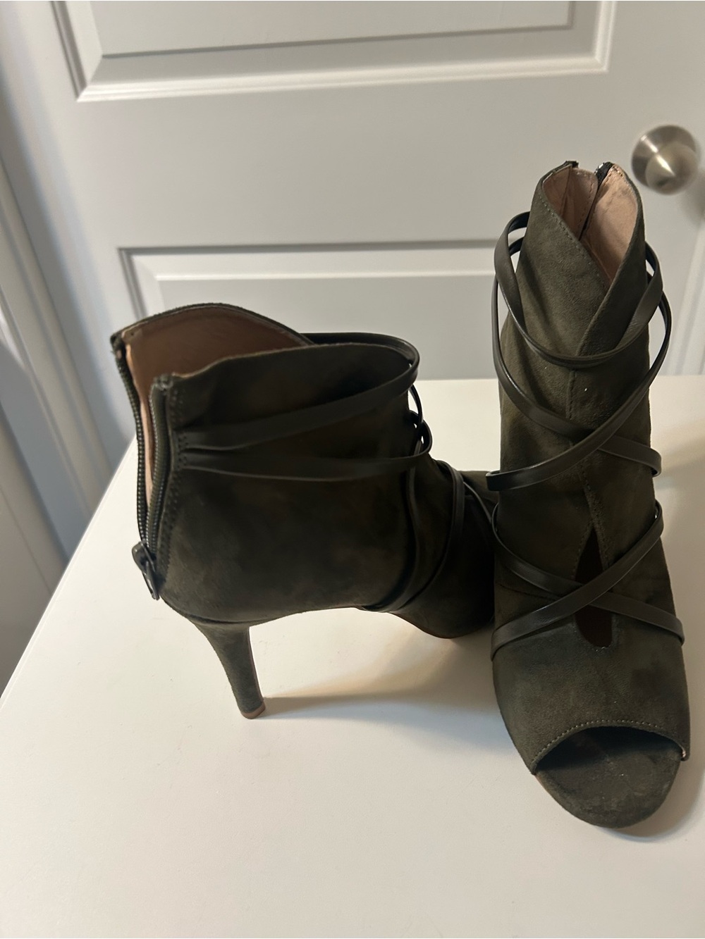 Journee Collection Olive Green Suede Strappy Peep-Toe Ankle Heels